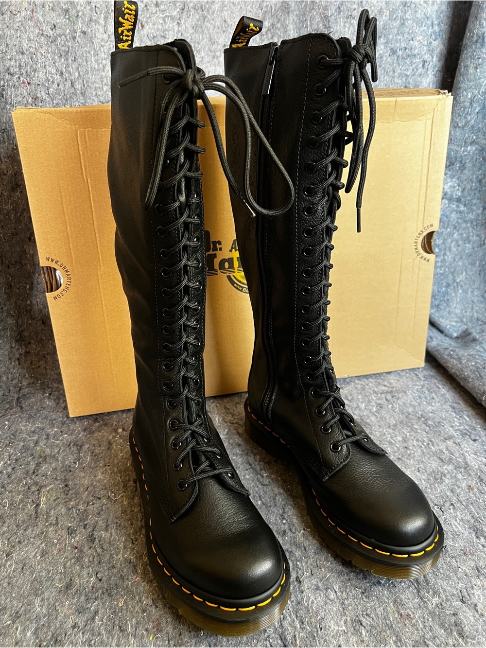 Dr. Martens Black Knee-High 20 eyelet Boots with Yellow Stitching 1B60